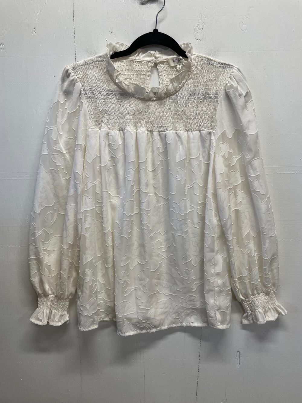Umgee Women's Smocked Neck Pleated Long Sleeves Ruffles Size Small Ivory Lined